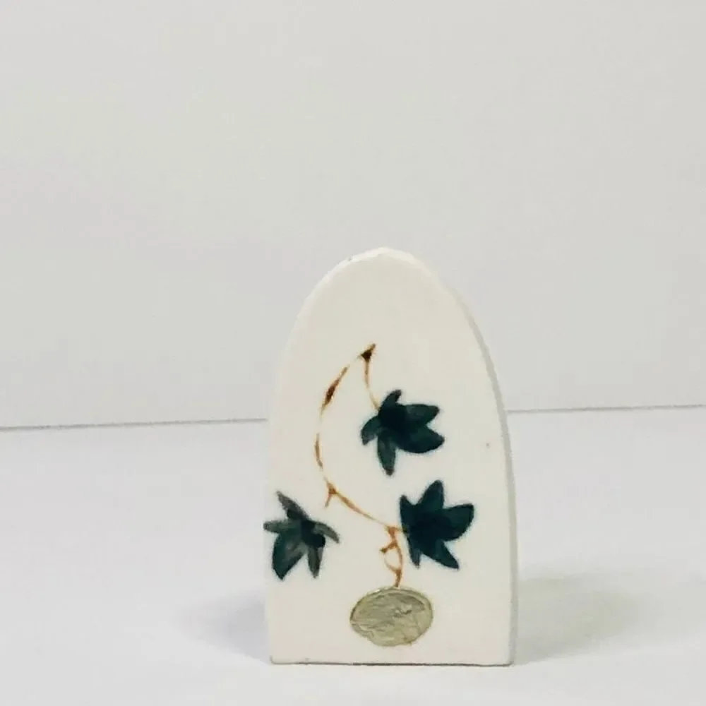 vintage hand painted‎ bone china iron tooth pick holder green ivy leaves mini